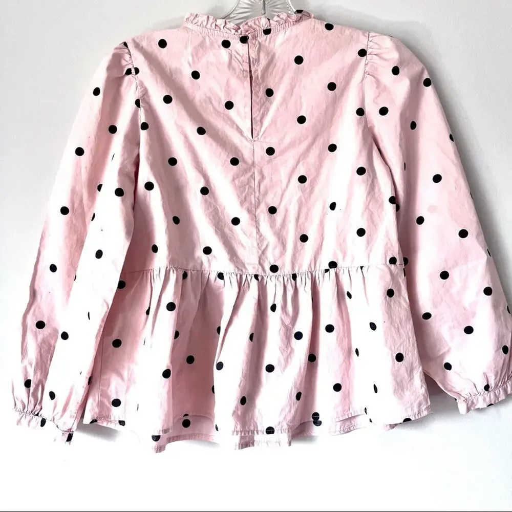 Zara girls blush pink black polka dot poplin blouse size 10